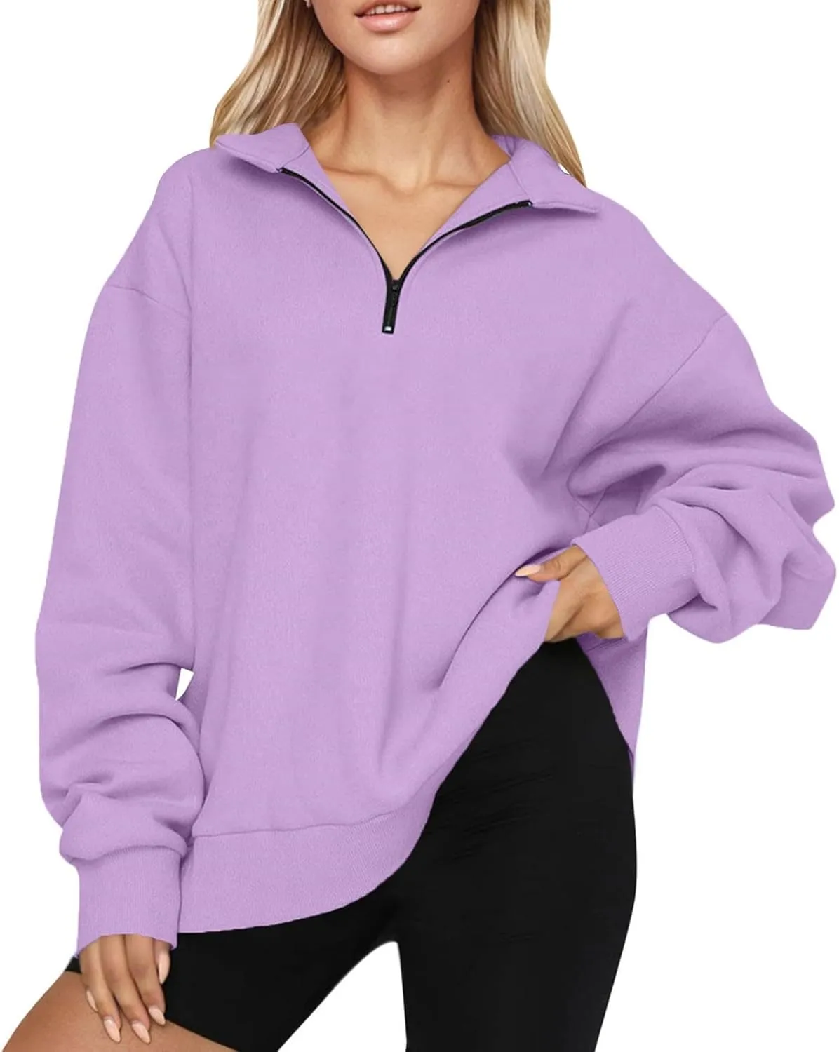 Women's Fall Winter Oversized Sweatshirt Casual Trendy Long Sleeve Quarter Zip Neck Solid Sweatshirt, S-3XL