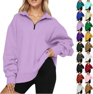 Women's Fall Winter Oversized Sweatshirt Casual Trendy Long Sleeve Quarter Zip Neck Solid Sweatshirt, S-3XL