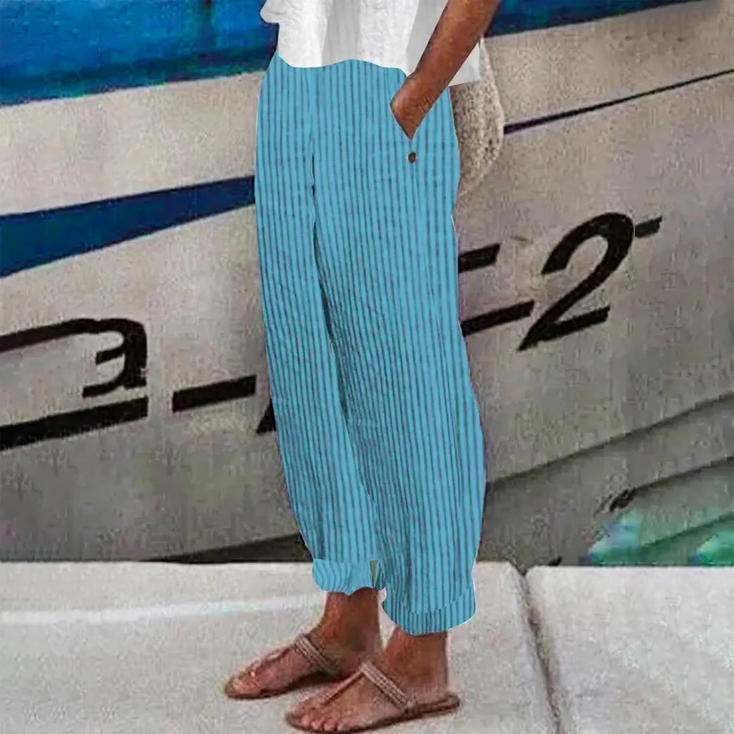 Women's Linen Pants Baggy Casual Summer Solid Color Boho Plus Size High Waist Linen Pants 2025 Work Trousers with Pockets