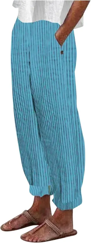 Women's Linen Pants Baggy Casual Summer Solid Color Boho Plus Size High Waist Linen Pants 2025 Work Trousers with Pockets