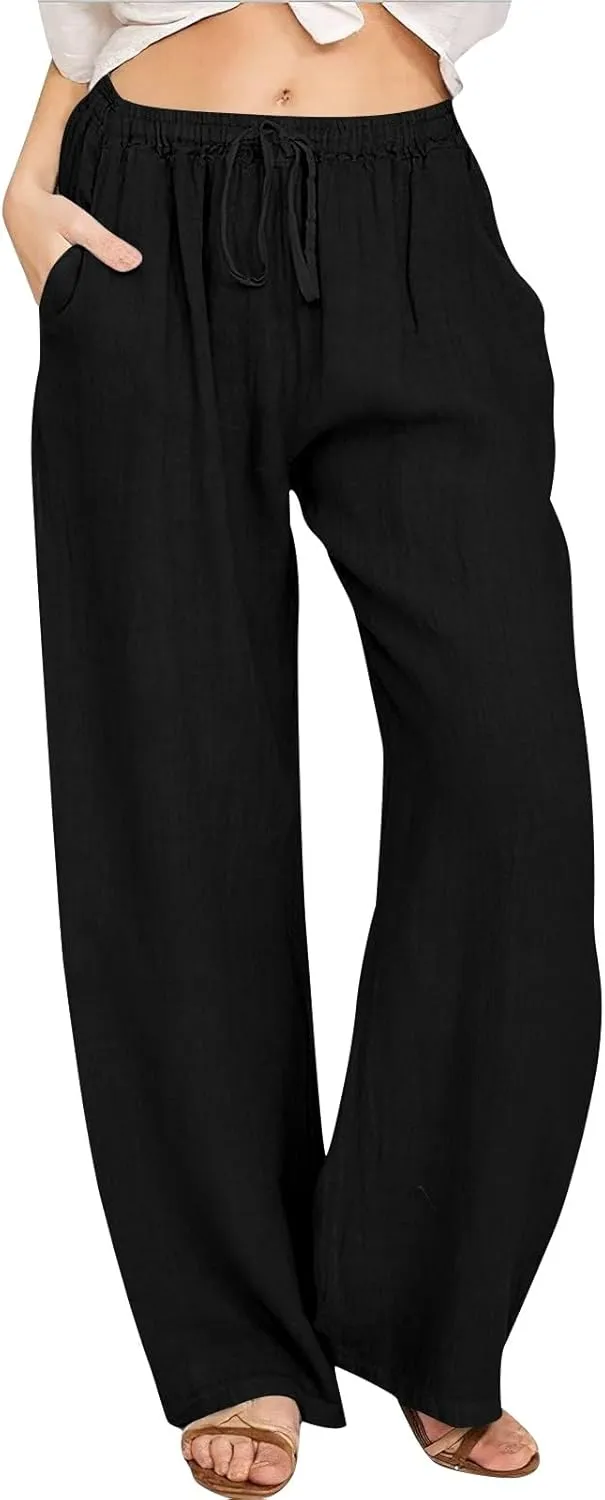 Women's Linen Pants Casual Summer Loose Solid Color Boho Plus Size High Waisted Linen Pants Plus Size Trousers with Pockets