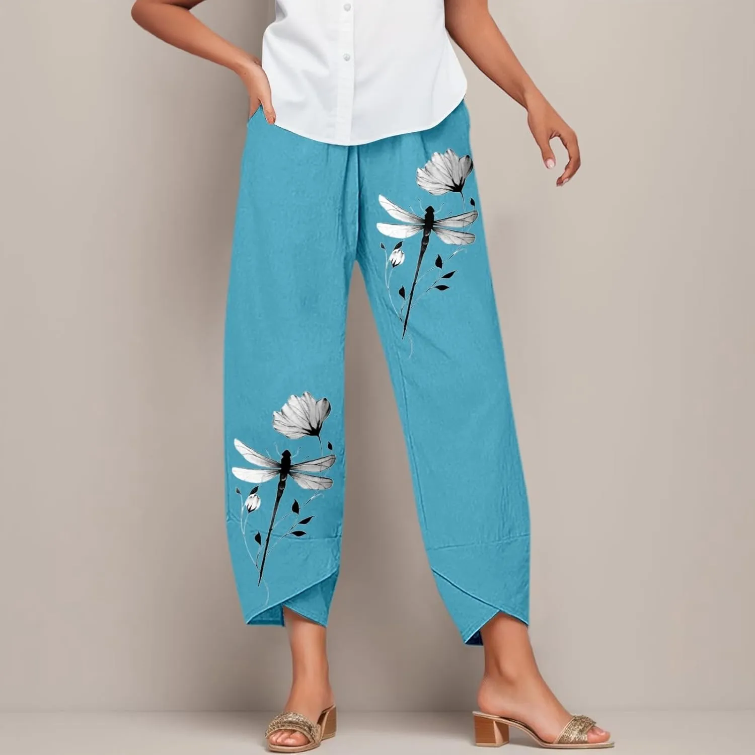 Women's Linen Pants Loose Summer Casual Beach Solid Color Plus Size High Waisted Linen Pants Cotton Comfy Lounge Trousers