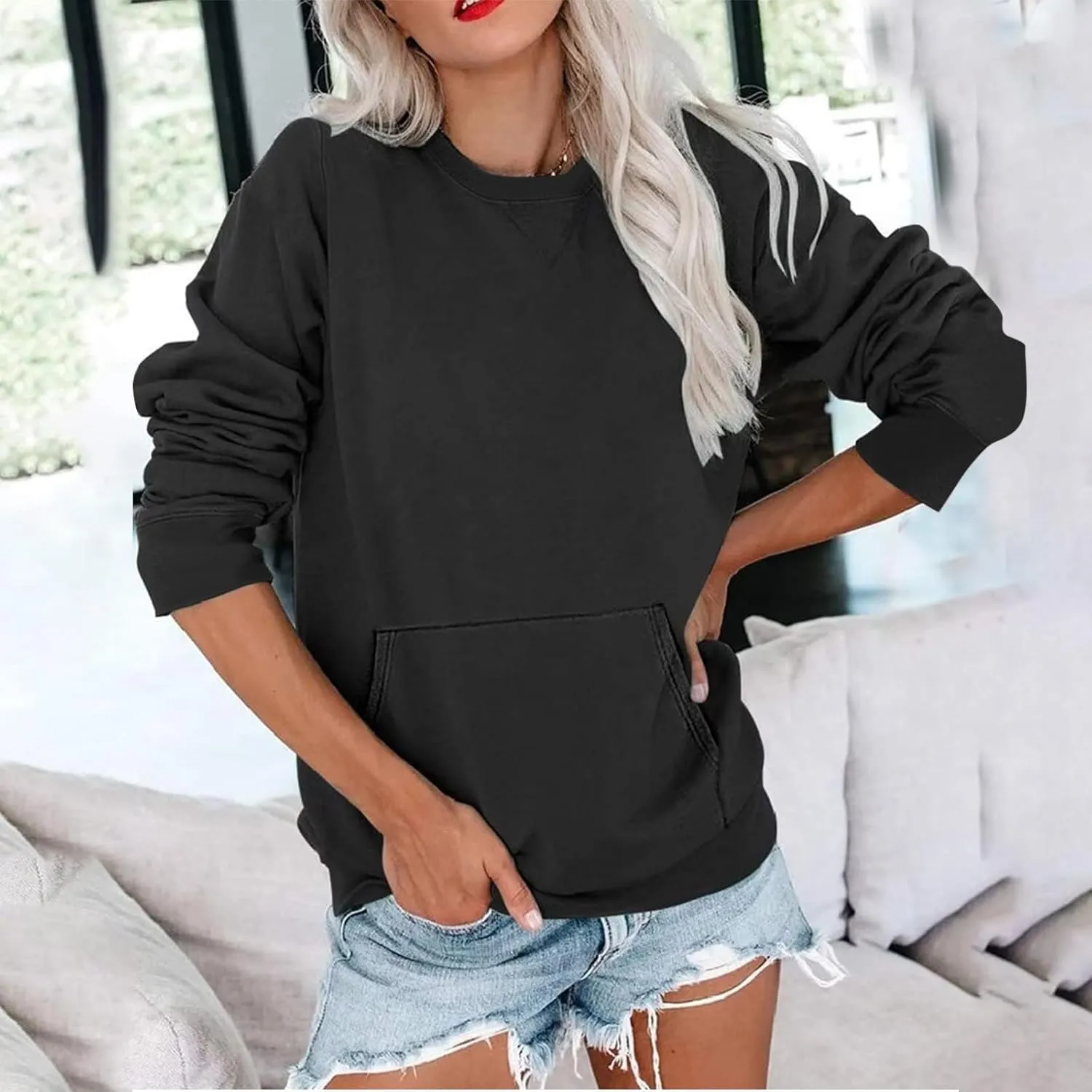 Women's Round Neck Sweatshirt Solid Plain Long Sleeve Pullover Shirts Slim Fit Tunic Comfy Casual Outfits