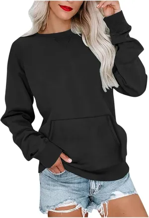 Women's Round Neck Sweatshirt Solid Plain Long Sleeve Pullover Shirts Slim Fit Tunic Comfy Casual Outfits