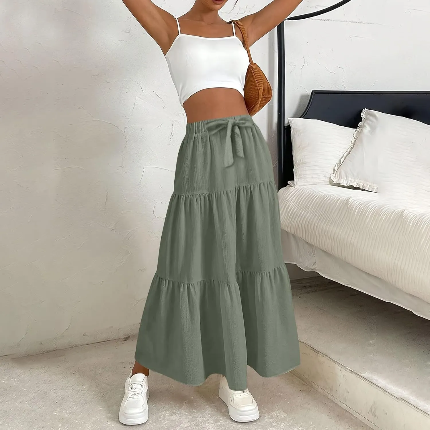 Women's Solid Midi Maxi Skirts 2025 Summer Casual A-Line Elastic High Waist Pleated Flowy Long Skirt Date Vacation Outfits