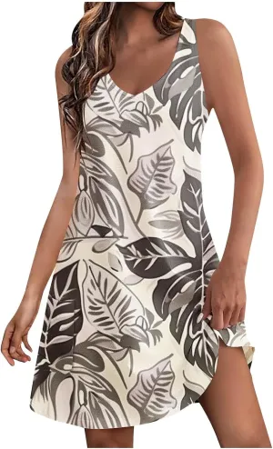 Women's Summer Beach Dress Casual Sleeveless Tank Dress Fashion Floral Print Dress V-Neck Mini Dresses Sundresses