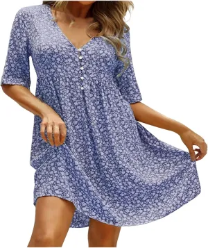 Womens Summer Dresses Casual Floral Print Midi Dress Button V Neck Short Sleeve Dresses Loose Beach Swing Sundresses