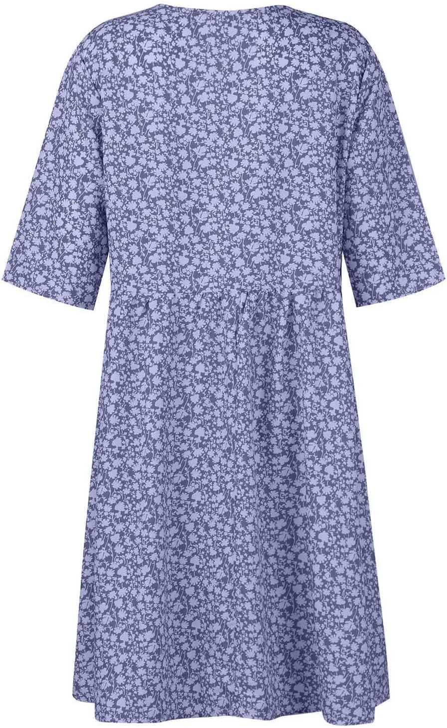 Womens Summer Dresses Casual Floral Print Midi Dress Button V Neck Short Sleeve Dresses Loose Beach Swing Sundresses
