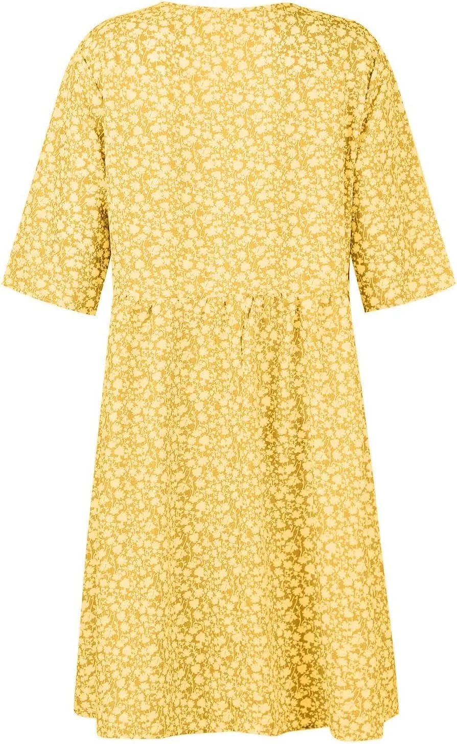 Womens Summer Dresses Casual Floral Print Midi Dress Button V Neck Short Sleeve Dresses Loose Beach Swing Sundresses
