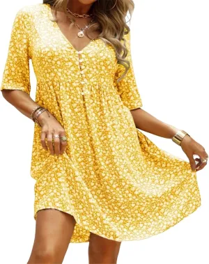 Womens Summer Dresses Casual Floral Print Midi Dress Button V Neck Short Sleeve Dresses Loose Beach Swing Sundresses