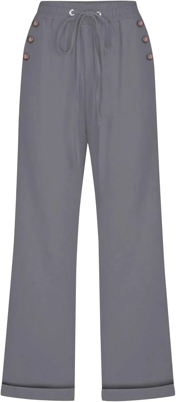 YRAETENM Linen Capri Pants for Women Summer Drawstring Elastic High Waist Cotton Pants Comfy Wide Leg Plus Size Lounge Capris