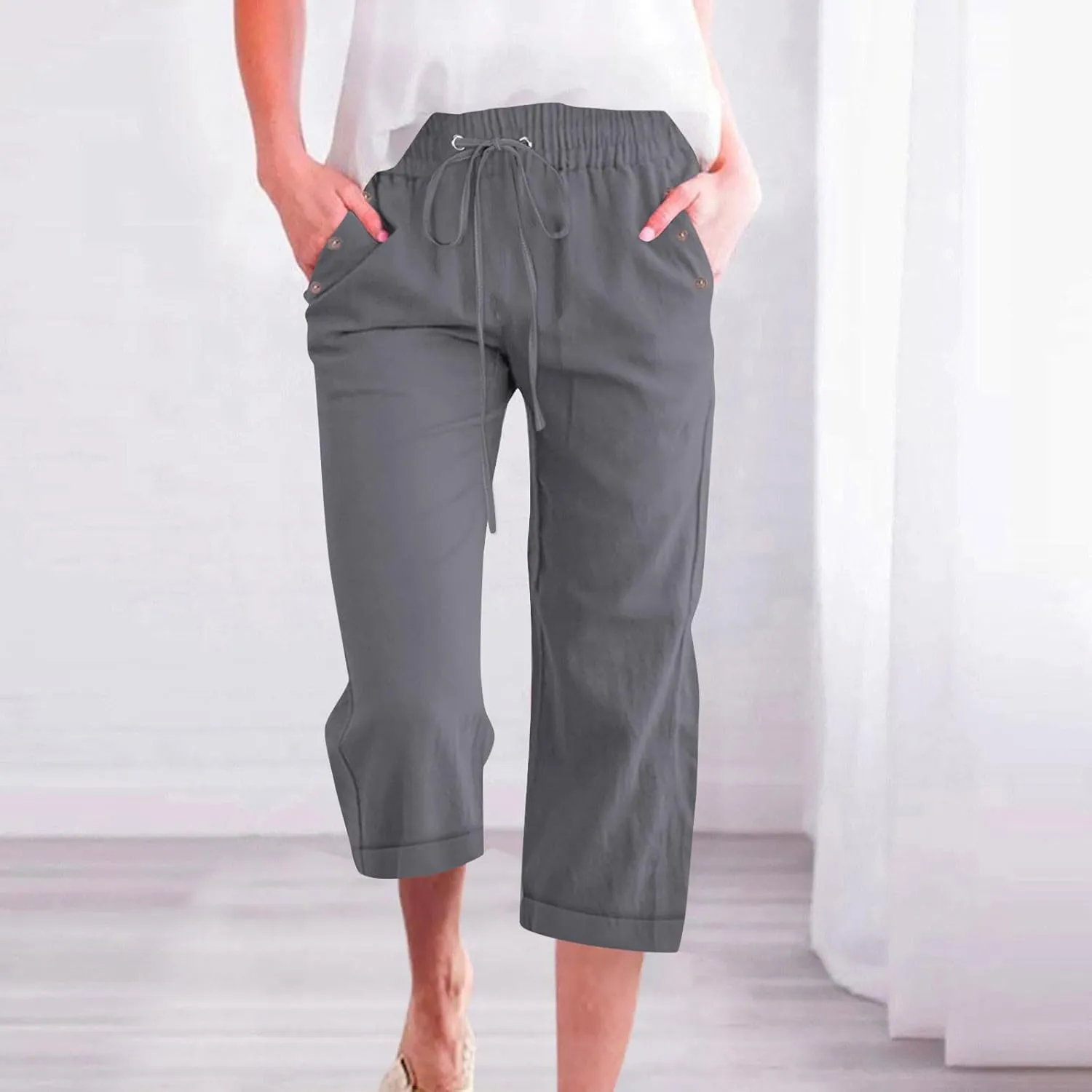 YRAETENM Linen Capri Pants for Women Summer Drawstring Elastic High Waist Cotton Pants Comfy Wide Leg Plus Size Lounge Capris