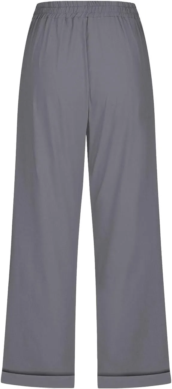 YRAETENM Linen Capri Pants for Women Summer Drawstring Elastic High Waist Cotton Pants Comfy Wide Leg Plus Size Lounge Capris