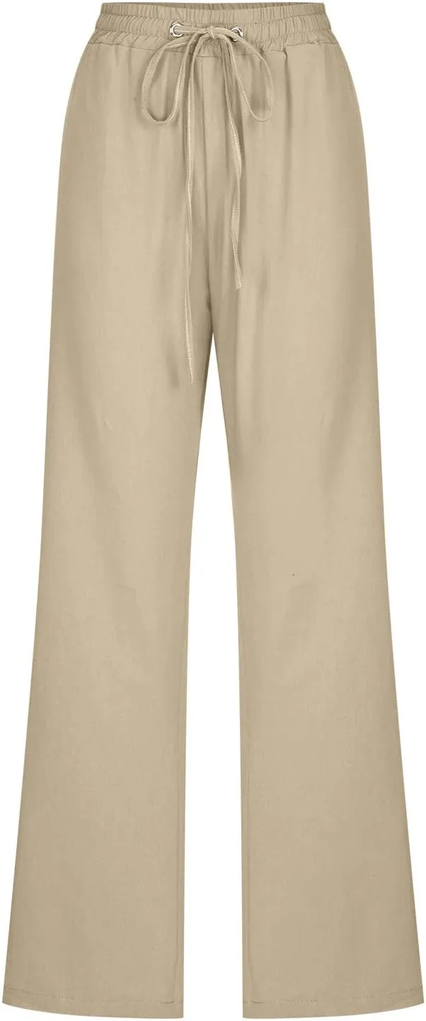 YRAETENM Linen Pants for Women Casual High Waist Drawstring Pants Loose Fit Summer Straight Leg Pants Trousers with Pockets