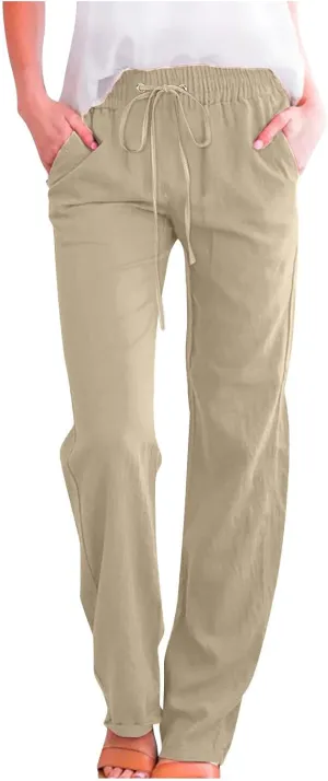YRAETENM Linen Pants for Women Casual High Waist Drawstring Pants Loose Fit Summer Straight Leg Pants Trousers with Pockets