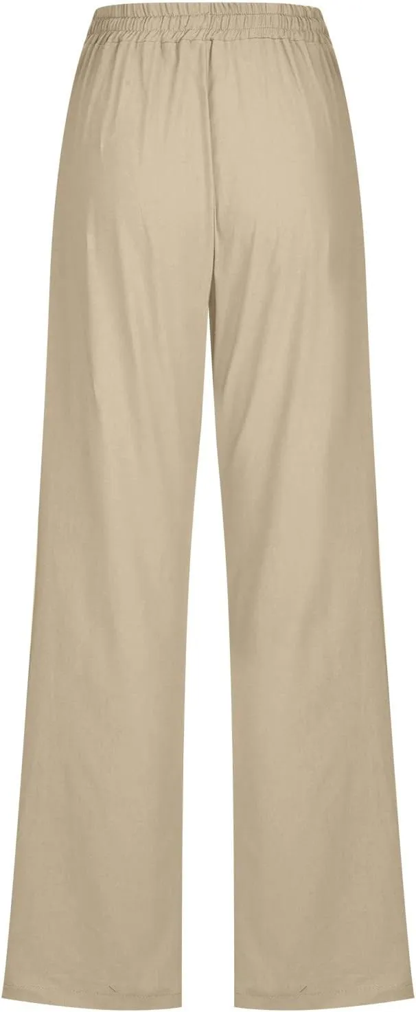 YRAETENM Linen Pants for Women Casual High Waist Drawstring Pants Loose Fit Summer Straight Leg Pants Trousers with Pockets