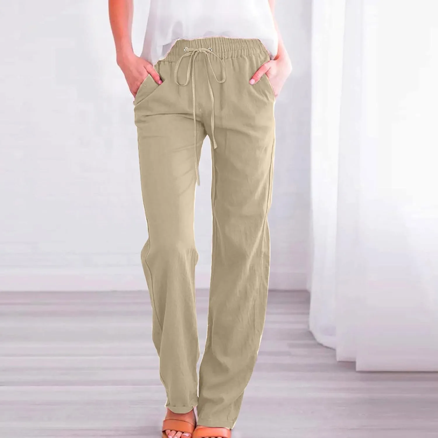 YRAETENM Linen Pants for Women Casual High Waist Drawstring Pants Loose Fit Summer Straight Leg Pants Trousers with Pockets
